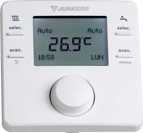 Funkfernbedienung von Bosch zur Raumtemperaturmessung mit einem digitalen Display, Einstelltaste und Drehknopf zur Temperaturregulierung.